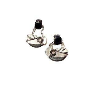 Clay Metal Stone Dangle‎ Earrings Black White Silver Tone Zebra Print post